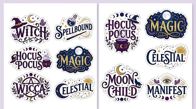 Badges exhibit mystical words accompanied by celestial icons and stars.