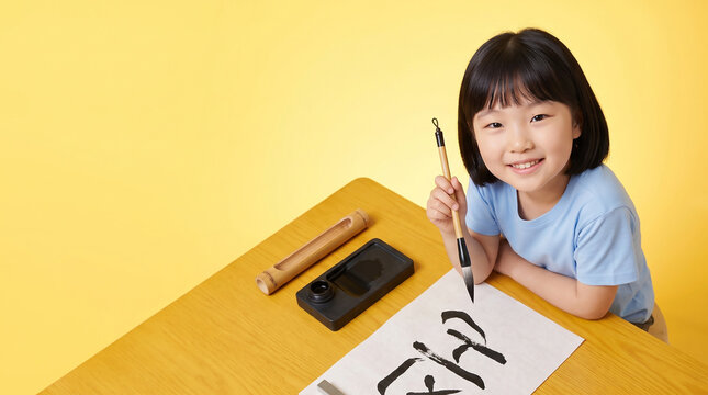 노란 책상에서 붓글씨를 연습하는 여자아이 &middot; Girl Practicing Brush Calligraphy at a Yellow Desk