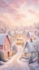 Obraz premium Pastel winter village illustration, snowy fairy tale scene, mobile wallpaper