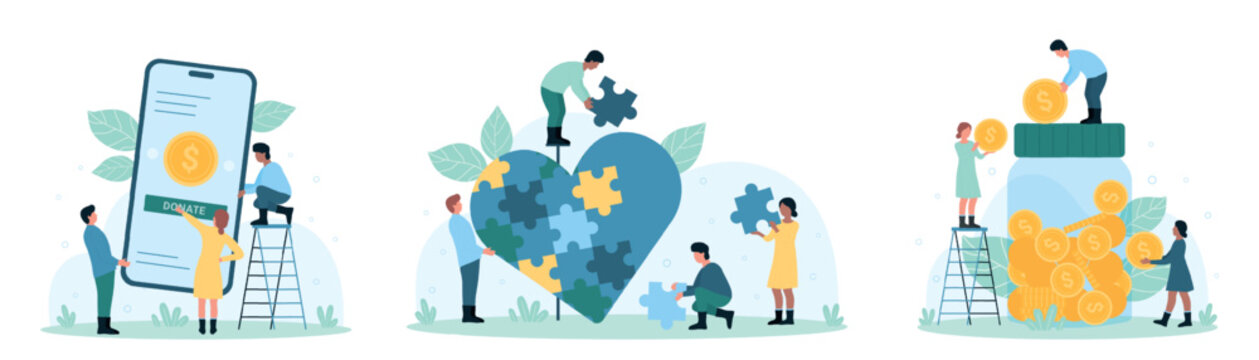 Charity services set vector illustration. Cartoon generous tiny people give money cash to glass donation jar, volunteers collect heart from puzzle pieces, donate coins with mobile app in phone