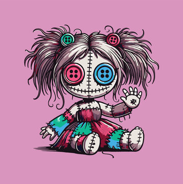 Cute spooky stitched ragdoll vector illustration with button eyes. Kawaii zombie doll character design for t-shirt printing. Funny creepy Halloween or goth style graphic.
