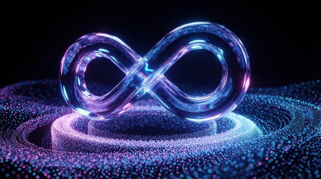 Abstract 3D infinity symbol made of glowing glass loop. Blue, purple light swirls with digital particles on dark background. Futuristic concept of eternity, endless growth, technological innovation