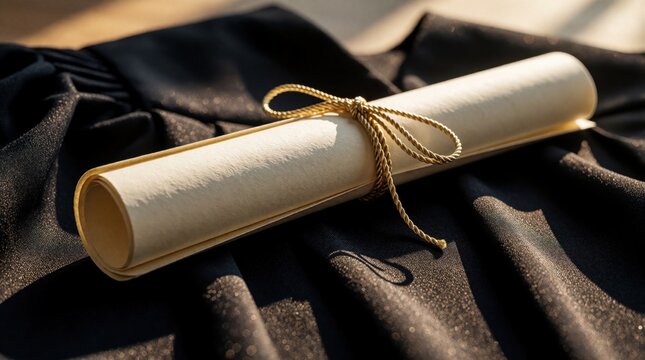 Close up of diploma scroll tied with gold cord on black graduation gown fabric. Paper certificate rests on academic dress texture. Education achievement symbol for university student celebrating