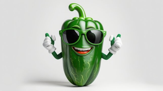 Happy green bell pepper cartoon character wearing sunglasses and giving a thumbs up