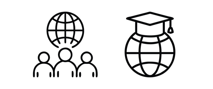 Global education line icons set with graduation cap globe world community network people study & vector illustration with editable stroke.