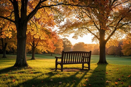Empty wooden bench sits under large trees with bright autumn leaves. Golden sunset light shines through orange foliage in peaceful public park. Scenic landscape with green grass, fallen leaves