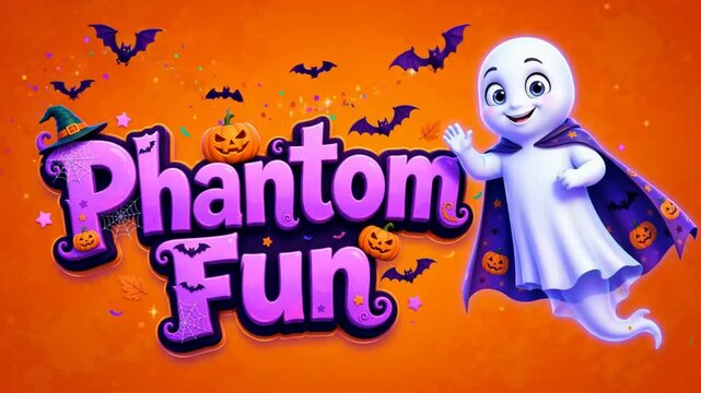 Friendly ghost cartoon character floating next to purple typography reading Phantom Fun against an orange Halloween background.