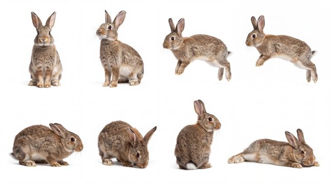 Brown rabbits in various poses isolated on white background