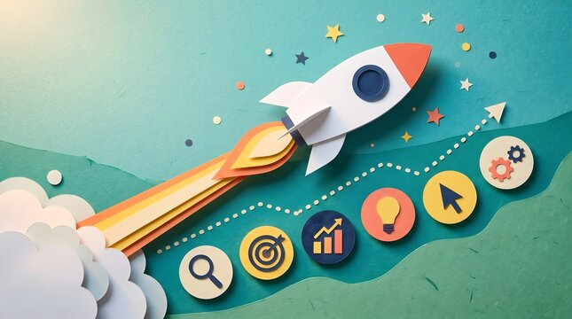 Business startup launch concept with papercraft rocket taking off above a rising financial chart and strategic marketing icons