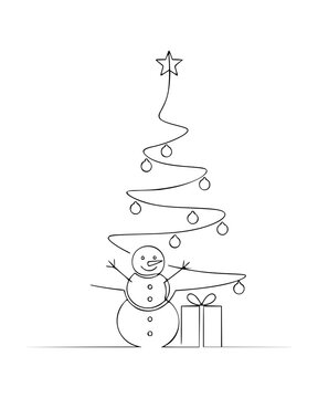 Continuous Line Christmas Tree with Happy Snowman and Gift