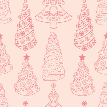 Pink Christmas Seamless Pattern with Sweet Cake, Candy, and Donut Trees Illustration