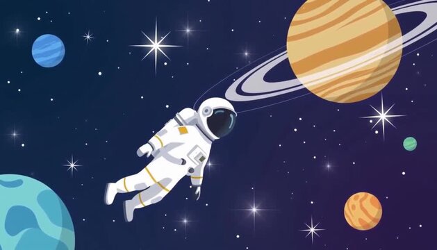 Astronaut floating in deep space with planets and stars vector illustration for science and exploration concepts