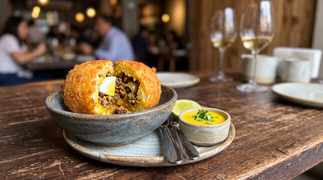 Peruvian Papa Rellena served in a traditional restaurant. Authentic stuffed potato from Peru