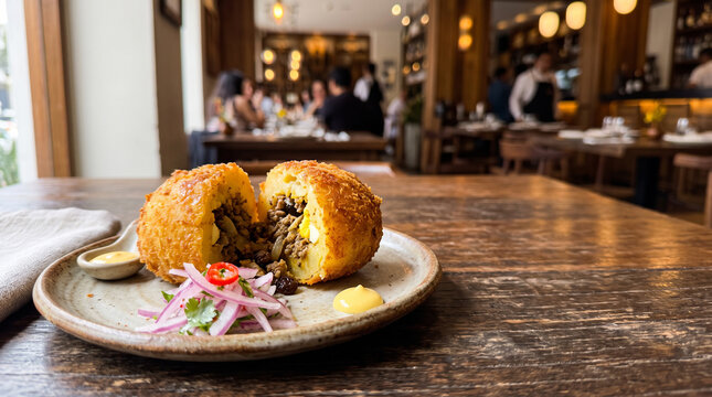 Peruvian Papa Rellena served in a traditional restaurant. Authentic stuffed potato from Peru