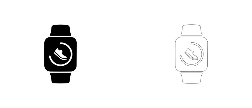 Smartwatch with running shoe icon vector icon filled and outline, pedometer tracker and jog counter symbol.