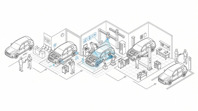 Automotive Vehicle Service Workflow with Driver Handover, Mechanic Inspection, Robotic Diagnostics and Repair Bay CAD Vector