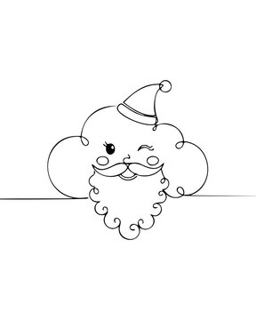 Continuous Line Cute Winking Santa Claus Face with Fluffy Beard