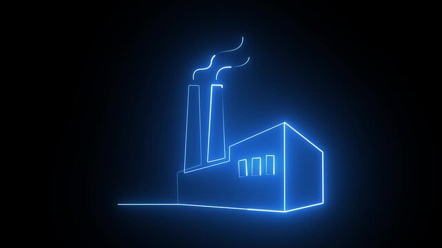 Glowing Neon Line Art Animation of Industrial Factory Building with Chimneys
