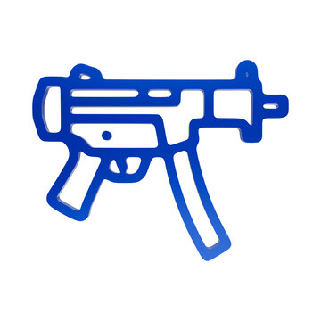Blue 3D line icon of a submachine gun compact firearm automatic on dark background, weaponary isolated on a transparent background