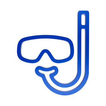 Blue 3D diving mask and snorkel icon for underwater swimming and snorkeling on dark background isolated on a transparent background