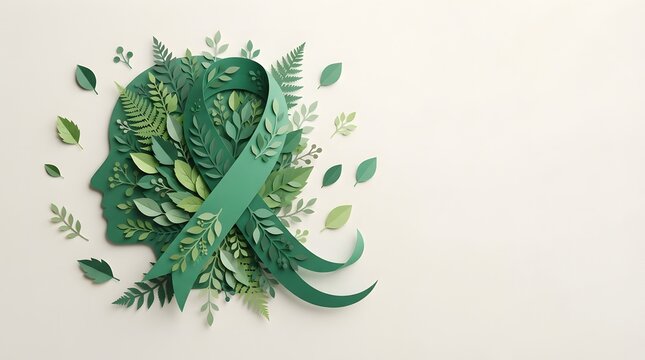 Paper Cut Human Head Profile with Green Awareness Ribbon and Leaves on Beige Background for Mental Health and Psychology Concept with Copy Space.