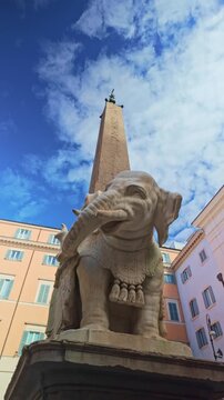 Roma, Italy. February 14, 2026, Low angle view of Bernini's famous Elephant and Obelisk statue in Piazza della Minerva, a renowned landmark located in Rome, Italy