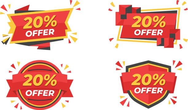 Red and yellow 20 percent offer sale badge vector illustration with banners, circle and shield for retail promotions