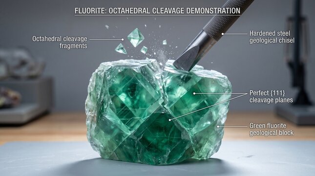 Fluorite crystal octahedral cleavage demonstration with steel chisel showing green mineral.