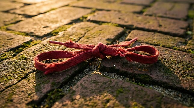 A single red shoelace tied into a bow resting on an old brick pavement during sunset.