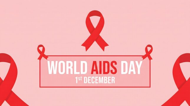 World AIDS Day 1st December Banner with Red Ribbon Awareness Symbol and Text Frame for HIV Healthcare Campaign on Pink Background.
