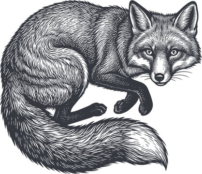 Engraved fox vector illustration with detailed fur, curled bushy tail, woodcut style