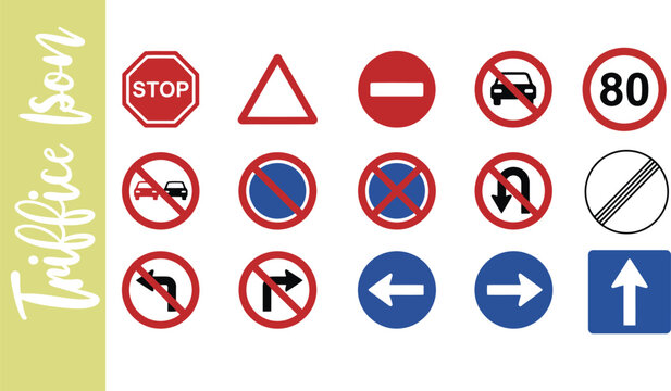 Set of various road traffic signs and regulatory symbols on white background