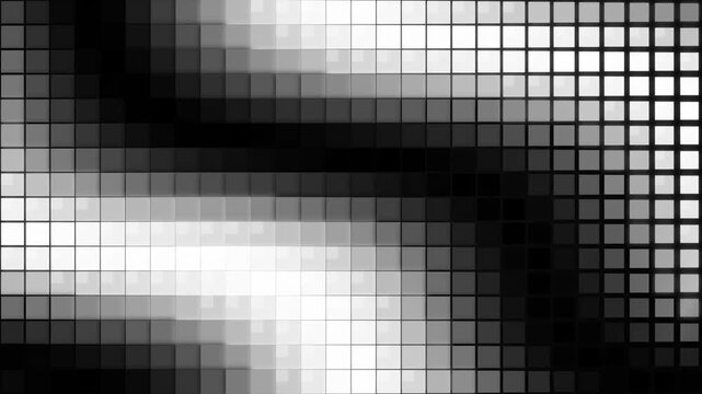 Black and white abstract background with moving square grid patterns in monochromatic motion.