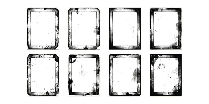 Set of eight rectangular photo frames with worn distressed edges and vintage grunge texture