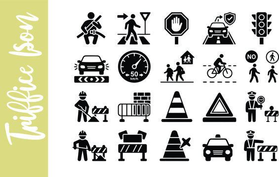 Set of black traffic and road safety icons on a white background