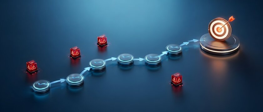 3D Rendered Curved Path Of Checkmarks Moving Towards Target Bullseye Avoiding Red Warning Blocks Representing Successful Business Planning and Risk Avoidance
