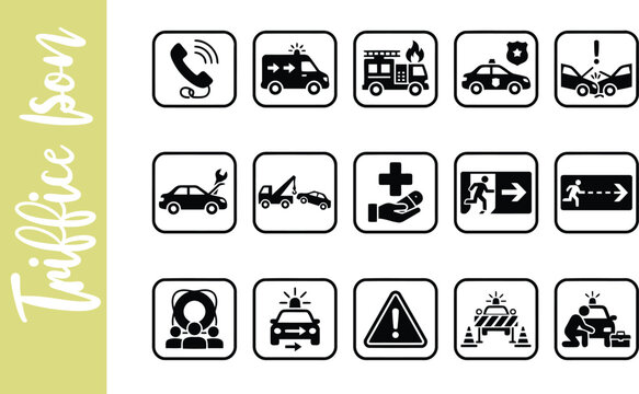 Emergency services and traffic safety icons set in flat black style