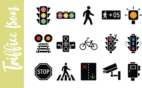 Set of flat traffic icons featuring signals signs and road safety symbols