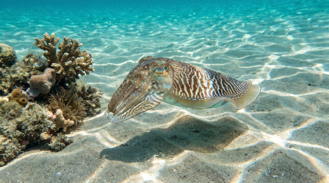 Wild cuttlefish swimming underwater over shallow sandy seabed near tropical coral reef with sunbeams. Concept of rippled sand, sea life, marine life, ocean, sandy bottom.