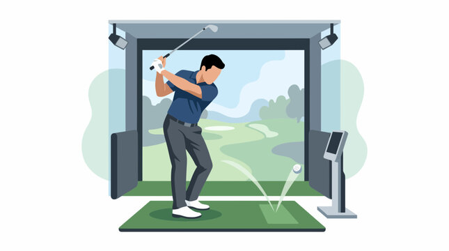 Professional Male Golfer Practicing Swing at Indoor Simulator Facility