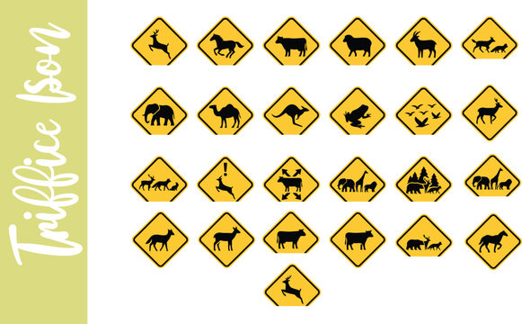 Set of yellow diamond traffic warning signs featuring various wild animals