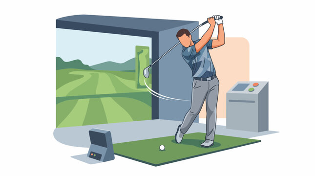 Male golfer practicing swing at indoor simulator facility