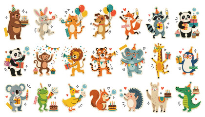 Fototapeta premium Animal Birthday Party Set with Cute Cartoon Characters and Festive Decorations