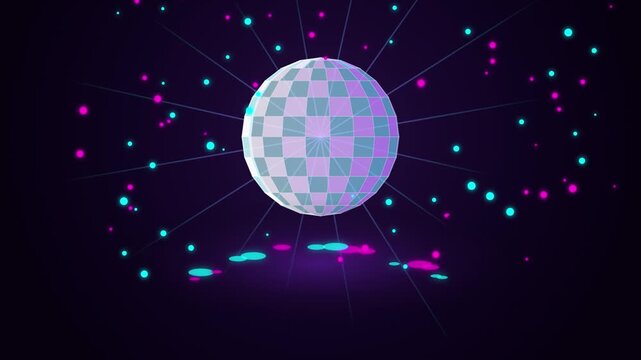 Rotating glowing disco ball spinning with bright neon particles against dark abstract background.