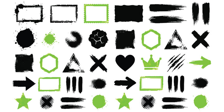 Set of black and neon green grunge brush strokes shapes and design elements
