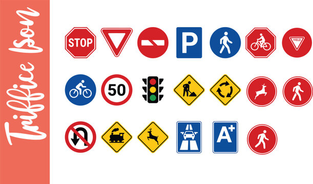 Set of various road traffic signs and symbols on white background
