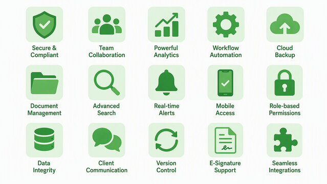 Set of green business feature icons with descriptions and symbols