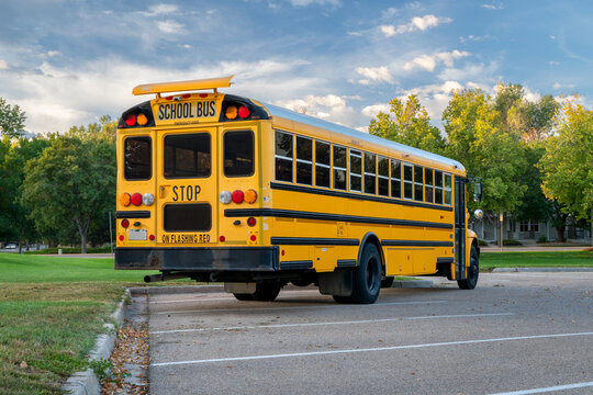 yellow school bis on a parking lot in early morning