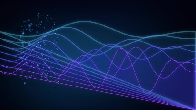 Abstract flowing neon sound waves moving through particles on dark blue background motion art.