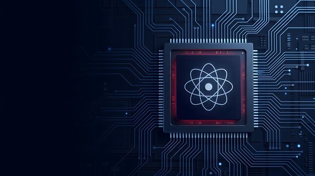 Central processing unit chip with atomic symbol logo on circuit board background representing quantum computing or advanced technology
